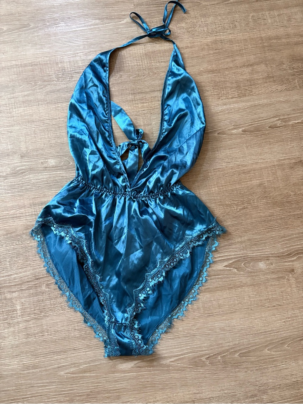 Satin Lace Halter Teddy in Teal